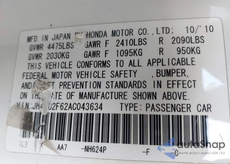 2010 Acura Tsx 2.4 from USA, damaged, VIN JH4CU2F62AC043634